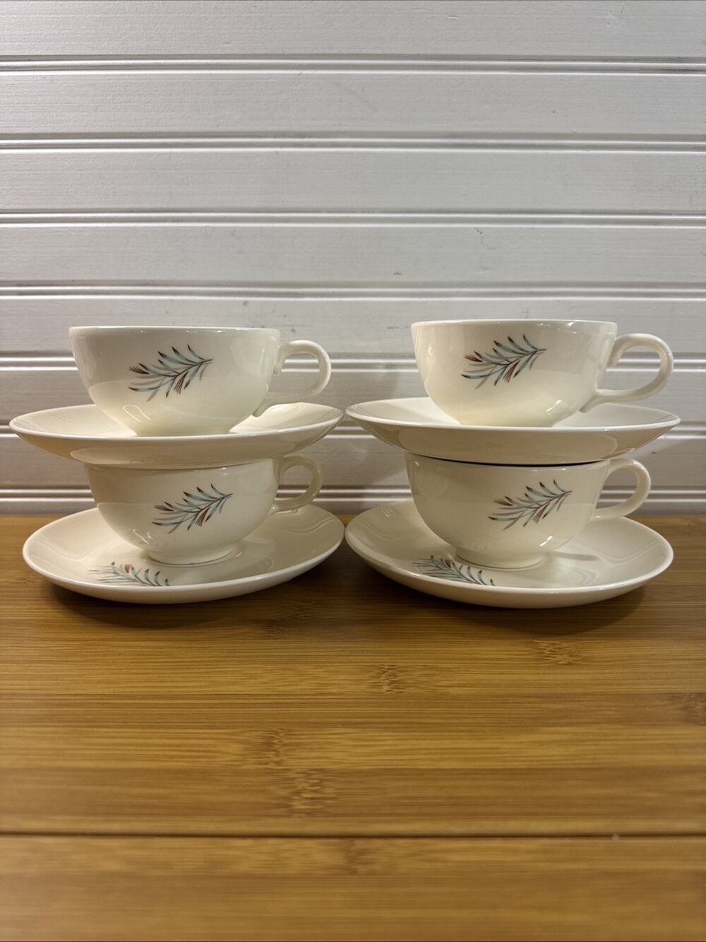 Homer Laughlin Vintage Futura Set of 4 Tea Cups Saucers Aqua Gray Wheat Leaf MCM